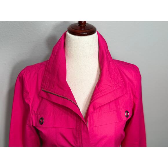 Chico's jacket 100% cotton 3/4 sleeve cinched waist pockets collar zip Sz 0 US S - Picture 2 of 10
